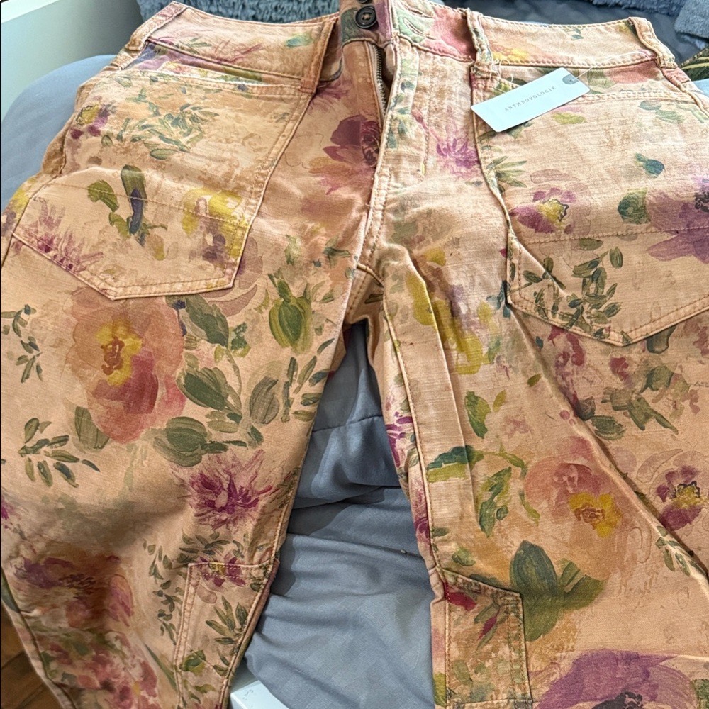 Anthropologie Peach Floral Cropped Jeans